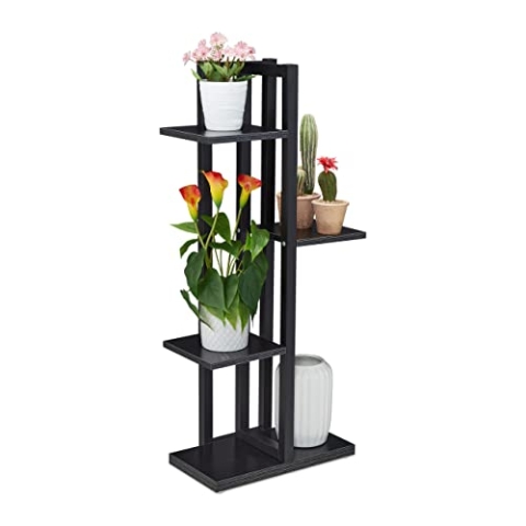 Relaxdays Blumenregal Metall, 4-stufige Indoor Blumentreppe, Holzoptik, HBT: 93 x 42,5 x 22,5 cm, Pflanzenregal, schwarz