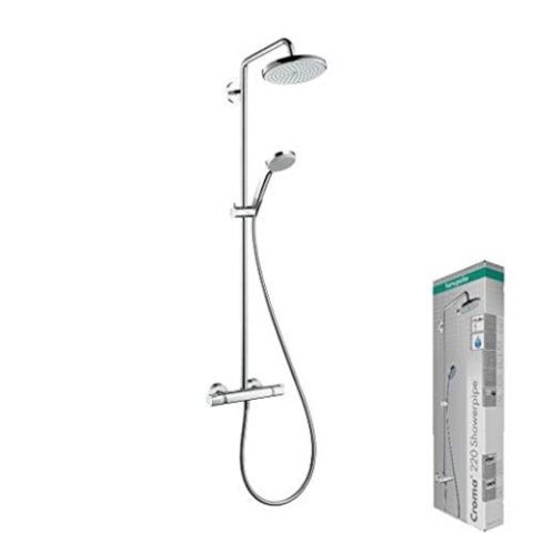hansgrohe Croma - Duschsystem mit Thermostat, Regendusche (220 mm) mit Armatur, Handbrause (4 Strahlarten), Schlauch, Brausestange und runder Kopfbrause (1 Strahlart), Chrom, 27185000