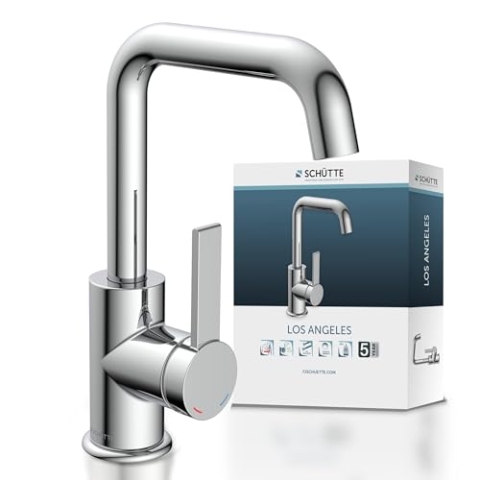SCHÜTTE 33120 Waschtischarmatur LOS ANGELES mit hohem Auslauf, Wasserhahn für das Bad mit Pop-Up Exzenter, Waschbeckenarmatur hoch, Badarmatur mit Einhebelmischer, Mischbatterie in Chrom