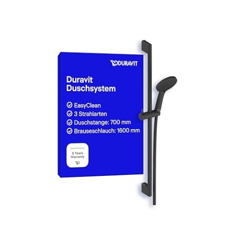 Duravit Universal Duschsystem, Duschset mit 3 Strahlarten (Rain, Intense Rain, Soft Rain), Duschstange (700 mm) mit höhenverstellbarer Handbrause, Brauseschlauch mit Verdrehschutz, Schwarz Matt