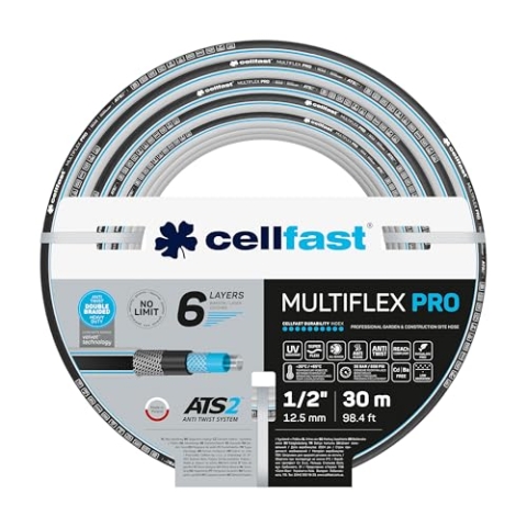 Cellfast Gartenschlauch MULTIFLEX PRO, Strapazierfähig, 6-lagig, Trikotgeflecht ATS2, UV und Algenbeständig, Schwermetallfrei, Velvet Technologie, 35 Bar, -20/+65° 1/2", 30m