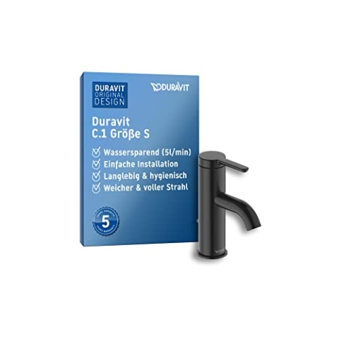 Duravit C.1 Waschtischarmatur, Größe S (Auslauf Höhe 66 mm). Wasserhahn Bad mit Zugstangen-Ablaufgarnitur, Schwarz Matt