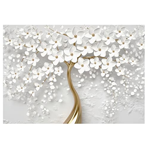 WallArena - Vlies Fototapete Blumen 3D Effekt weiß gold Baum 312x219 cm - Fototapeten - Tapeten - für Wohnzimmer Schlafzimmer - Vliestapete Wandtapete Tapete 3D Effekt- inkl. Kleister