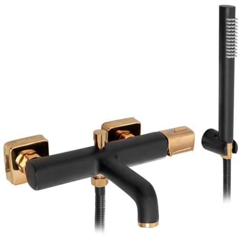 Rea Badewannenarmatur SALTO BLACK GOLD Wasserhahn Badewanne Einhebel Wannenarmatur mit Handbrause Badarmatur aus Messing Mischbatterie Wandmontage (Schwarz/Gold)