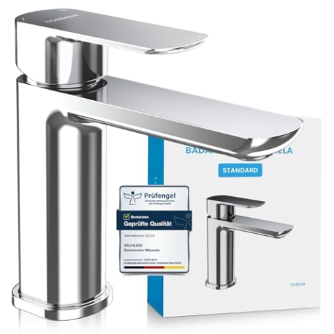 Bächlein Badarmatur Mizarela in klassischem Design, Einhebelmischer mit langlebiger Keramikkartusche und Montage-Set, Bad Wasserhahn Chrom - flacher Auslauf