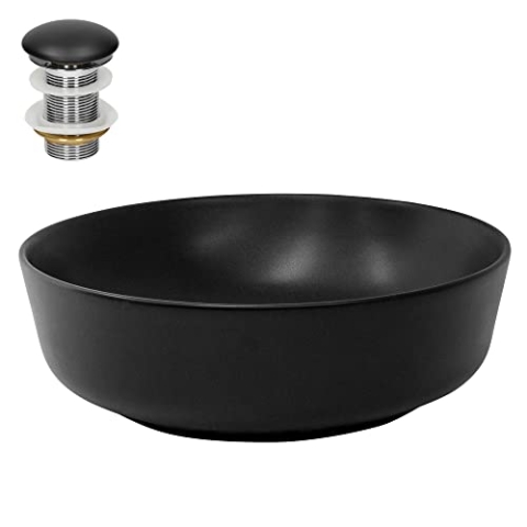 ML-Design Waschbecken aus Keramik in Schwarz matt Ø 415 x 135 mm mit Ablaufgarnitur, Runde Aufsatzwaschbecken, Moderne Waschtisch Waschschale Waschplatz Handwaschbecken, für Badezimmer/Gäste-WC