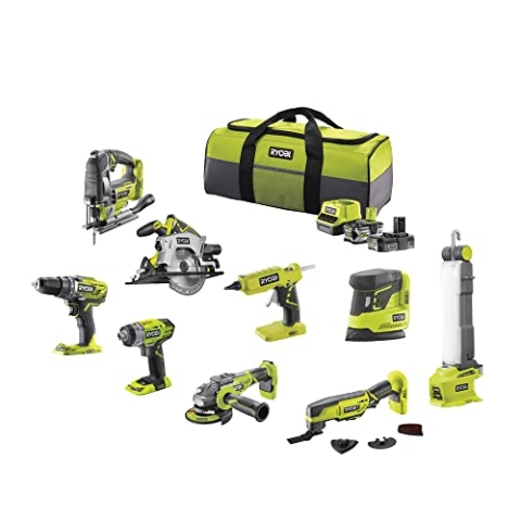Ryobi 18 V ONE+ Akku-Combo-Set, 9-teiliges Elektrowerkzeugset: Bohrschrauber, Schlagschrauber, Winkelschleifer, Multitool, Heißklebepistole, Handkreissäge, Stichsäge, Delta-Schleifer, Stableuchte, Akkus, Ladegerät & Tasche