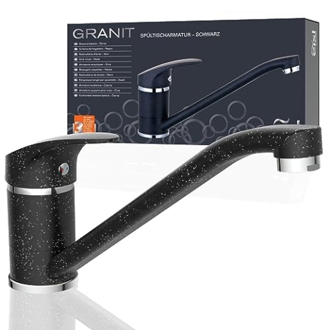 EISL Spültischarmatur, Wasserhahn Küche, 360° schwenkbare Küchenarmatur, ideal für Doppelspülbecken, Einhebelmischer NI182SMCR, Granit/Schwarz