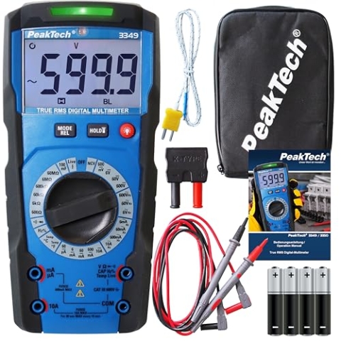 PeakTech 3349 – True RMS Digital Multimeter, Manual-Range, 6000 Counts, Durchgangsprüfer, Spannungsprüfer,Mehrfach-Messgerät, Voltmeter; 10A AC/DC - CAT III 600V, P 3349, Black