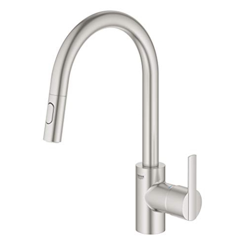 GROHE Feel, Küchenarmatur 2 Strahlarten (Wasserhahn Küche mit ausziehbarer Brause, 360° schwenkbar, wassersparend dank variabler Mengenbegrenzung, werkzeugfreie Spülbecken-Montage) edelstahl, 31486DC1