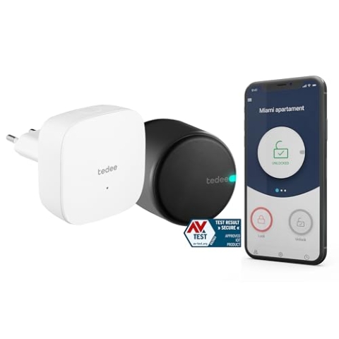 tedee GO Set | schwarzes Schloss und Bridge | smartes Türschloss | WLAN-Bridge | Smart-Home-Lösung für iOS und Android | Bluetooth | Motorschloss | Auto-Unlock | Keine Installationshardware