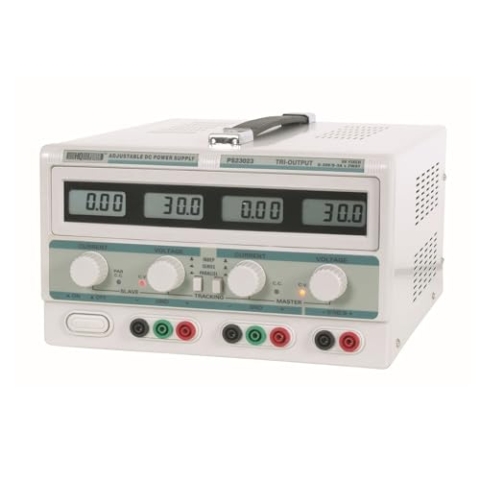 Velleman Labornetzgerät, einstellbar, 2 x 0-30 VDC/0-3 A, + 5 VDC fest/3 A, Strombegrenzung, kurzschlussfest, 4 LCD-Anzeigen, Grau