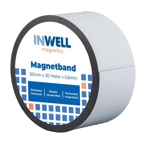 Inwell - Magnetband 50 mm in Farbe weiß auf Rol | 30 meter | NICHT Selbstklebend | Beschreibbare weiße Vinylschicht | Starker Magnetkraft | Magnetstreifen