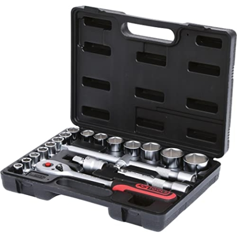 KS Tools 911.0620 1/2 Zoll Steckschlüssel-Satz | inklusive Umschaltknarre, 45-Zahn | matt satiniert | 20-tlg.
