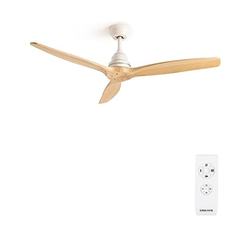 CREATE / WINDWOOD/Deckenventilator Weiß Naturholzflügel mit Fernbedienung/Leise, 75W, Ø132 cm, AC-Motor, Timer, 3 Geschwindigkeiten