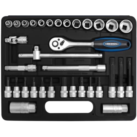 SW-Stahl 06520L Steckschlüsselsatz 3/8 Zoll 34-teilig I Ratschenkasten I Knarrenkasten I Nusskasten mit Ratsche feinverzahnt I Stecknüsse sechskant