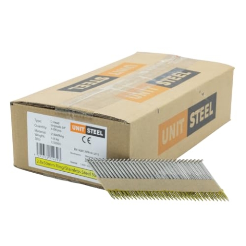 UnitSteel Halbkopf-Streifennägel - 2,8X50mm, 3.000 stück, Nägel für Druckluft-Nagler, D-Kopf, Ring/Rostfrei Stahl, für fast alle Marken von Tackern