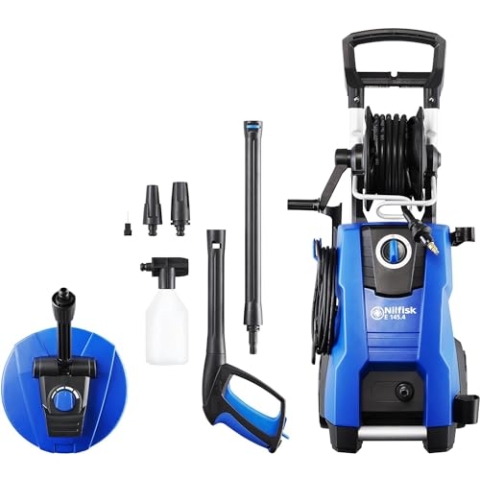 Nilfisk E 145.4 Bar Hochdruckreiniger + Schaumsprüher + Flächenreiniger - Pressure Washer für die Reinigung von Außenbereichen und die Autowäsche (2100 W)