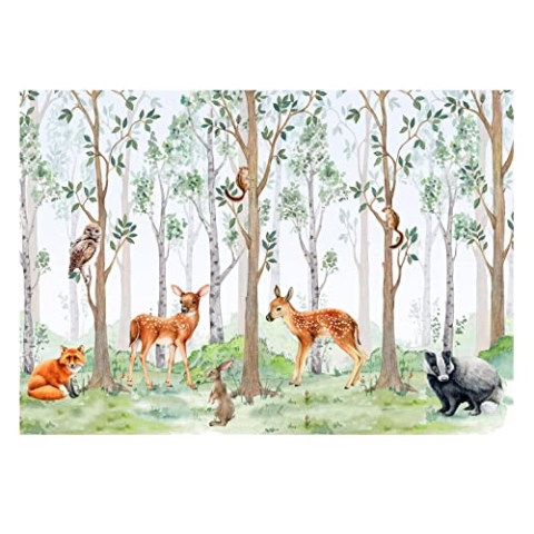 WallArena - Vlies Fototapete Kinderzimmer 368x254 cm Wald Tiere Mädchen Kinder Bäume Skandinavisch Babyzimmer - Fototapeten Tapeten für Kinder Kindertapete - Vliestapete Wandtapete Tapete 3D Effekt