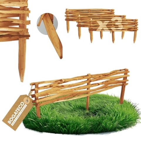 BOGATECO 3x Gartenzaun aus Haselholz 120cm x 20cm Beeteinfassung Rasenkanten Zaun Holz Beetumrandungen Staketenzaun Beetabgrenzungen Steckzaun Perfekt als Beet-Umrandung oder Weg-Abgrenzung, Braun
