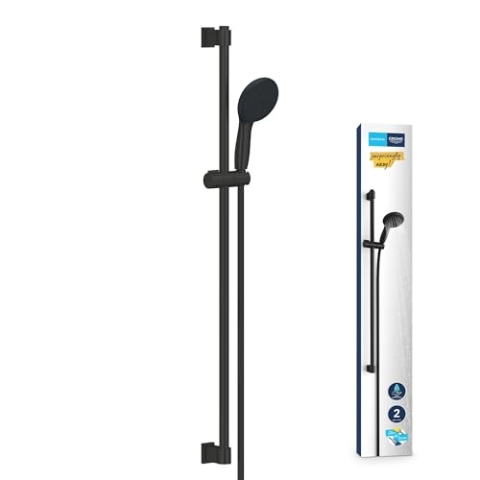 GROHE Vitalio 110, Duschset wassersparend, 8l pro Min (Duschstangenset mit: Duschkopf 2 Strahlarten, 1,75m Schlauch, Duschstange 90cm, zum Kleben oder Bohren, ohne Kleber) rund, schwarz, 269542431