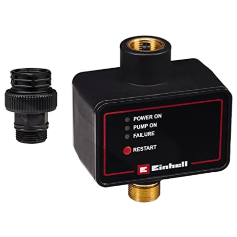 Original Einhell Elektronischer Durchflussschalter (10 bar, Rückschlagventil, Trockenlaufschutz, Anschluss-Adapter, integrierte Steckdose, 1,45 m Netzleitung)