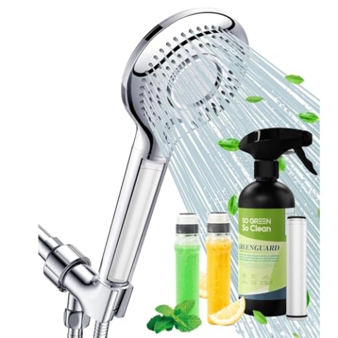 Vitasense Duschkopf mit Filter - 5er Pack, Duschkopf, Eco-Friendly Duschkabinenreiniger, 3x Shower Filters, Regendusche, Wassersparend, Shower head mit Drei verschiedene Wasserstände, Chroom