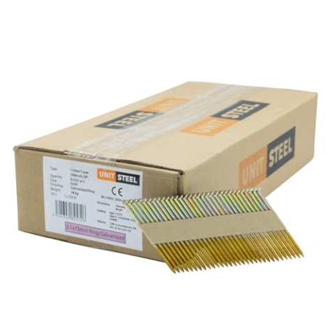 UnitSteel Halbkopf-Streifennägel - 3,1X75mm, 3.000 stück, Nägel für Druckluft-Nagler, D-Kopf, Ring/Verzinkt, für fast alle Marken von Tackern