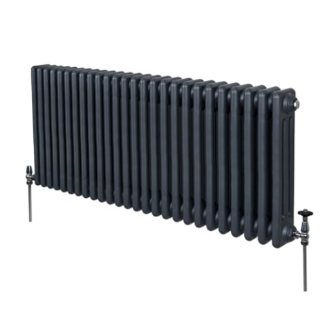Traditioneller 3-Spalten-Heizkörper 600 x 1192mm | Horizontaler Wandheizkörper | Matt Anthrazit Grau Kohlenstoffstahl | Wohn- Badezimmer Küche [Inkl. Reinigungsbürste, Befestigungsset & Halterungen]