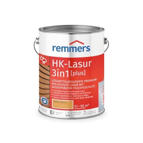 Remmers HK-Lasur 3in1 [plus] pinie/lärche, matt, 5 Liter, Holzlasur, Premium Holzlasur außen, 3fach Holzschutz mit Imprägnierung + Grundierung + Lasur