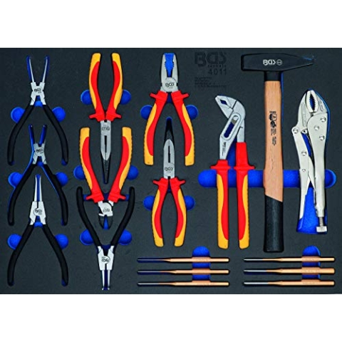 BGS 4011 | Werkstattwageneinlage 3/3: Zangen-, Splintentreiber-Satz, Hammer | 17-tlg. | Sprengringzange, VDE-Zange, Gripzange