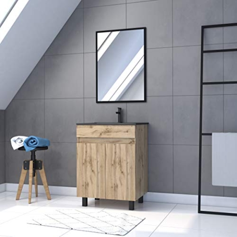 AURLANE Timber 60_Pack01 Schrank-Set SDB auf Füßen, 2 Türen, Chene_Waschtisch, Schwarz + Spiegel
