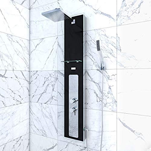Hydromassage-Duschsäule 22 x 125 cm – Hartglas mit Edelstahlplatte – Alpha Black