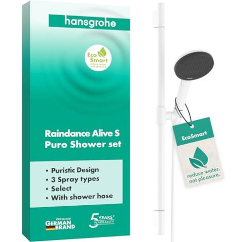 hansgrohe Raindance Alive Select S - Duschset mit Duschkopf wassersparend (EcoSmart, 3 Strahlarten inkl. PowderRain), Duschschlauch (1,60 m) und Duschstange (0,65 m), Mattweiß, 24602700