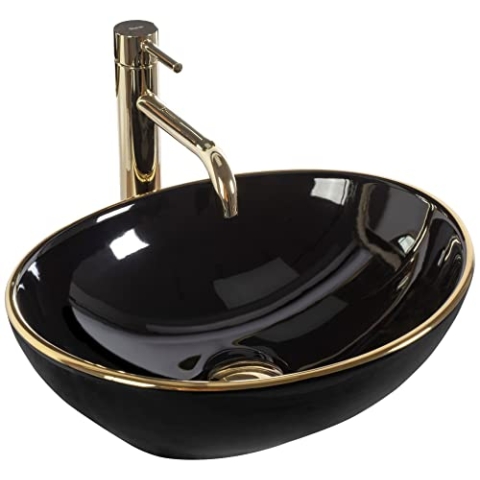 Rea Aufsatzwaschbecken Sofia Black Gold Edge Waschtisch Handwaschbecken Waschschale Waschbecken für Badezimmer aus hochwertiger Keramik 410 mm x 345 mm x 150 mm (Gold/schwarz)