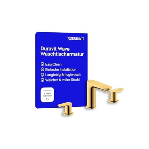 Duravit Wave Waschtischarmatur (Auslauf Höhe 108 mm), 3-Loch Wasserhahn Bad, Armatur Waschbecken, Gold Poliert