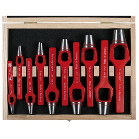 SW-Stahl 95070L Henkellocheisensatz ø 2 bis 20 mm, Set 10-teilig in Holzkasten I rot lackiert und geschliffen I Loch stanzen