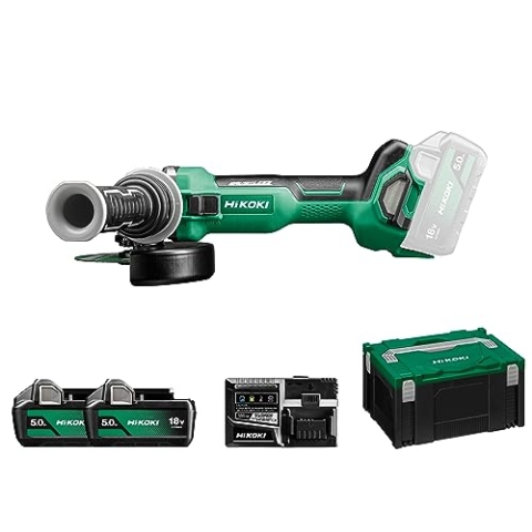 HIKOKI Akku Winkelschleifer G1813DA (18V, 2x5,0 Ah Li-ion Akkus, Schleifscheiben Ø: 125 mm, Antriebsspindel: M14, Leerlaufdrehzahl: 8000 min-1, Brushless Motor) Zubehör komplett im HSC III Koffer.