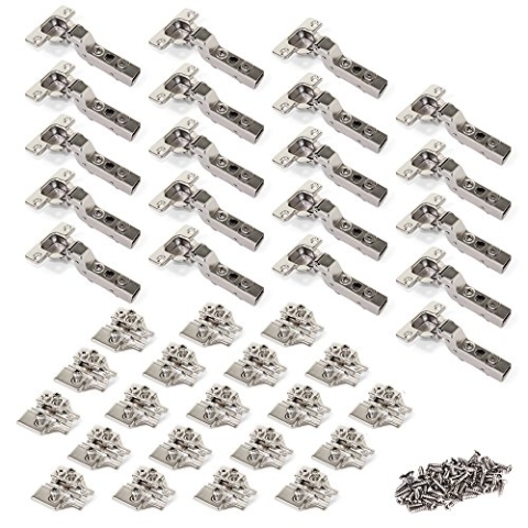 Emuca 1011807 Pack aus 20 Topfscharnieren Ø35mm 100° mit sanftem Verschluss für aneinanderstoßende Türen und Euro-Zusätze zum Festschrauben mit Verbindergehäuse