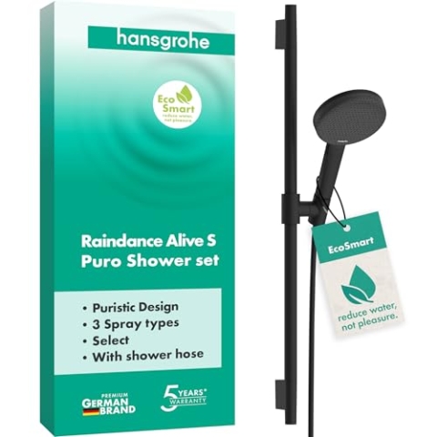 hansgrohe Raindance Alive Select S - Duschset mit Duschkopf wassersparend (EcoSmart, 3 Strahlarten inkl. PowderRain), Duschschlauch (1,60 m) und Duschstange (0,65 m), Mattschwarz, 24602670