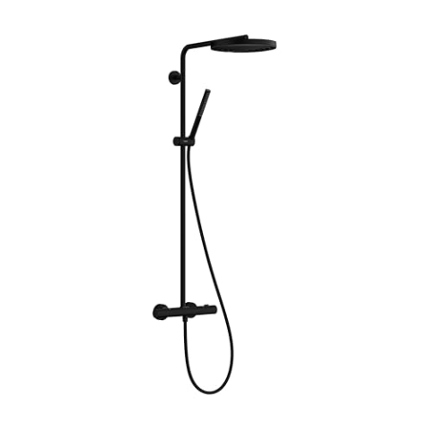 hansgrohe Pulsify S Puro - wassersparendes Duschsystem (EcoSmart) mit Thermostat, Regendusche (260 mm) mit Handbrause, Schlauch, Stange und runder Kopfbrause, Mattschwarz, 24223670