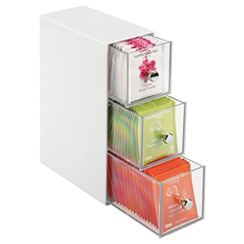 mDesign Aufbewahrungsbox mit 3 Schubladen – Schubladenbox für Teebeutel, Kaffeepads, Süßungsmittel und mehr – Teekiste aus Kunststoff – weiß/durchsichtig