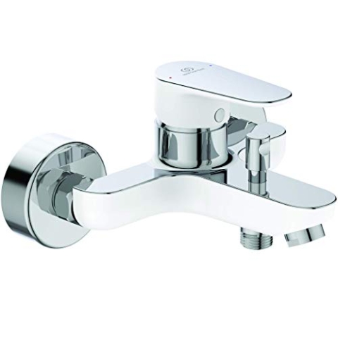 Ideal Standard Tyria Mischbatterie für Badewanne und Dusche, Wandmontage, mit Ablagefach, Weiß/Chrom, spart Wasser, zertifiziert nach NF BC157HO
