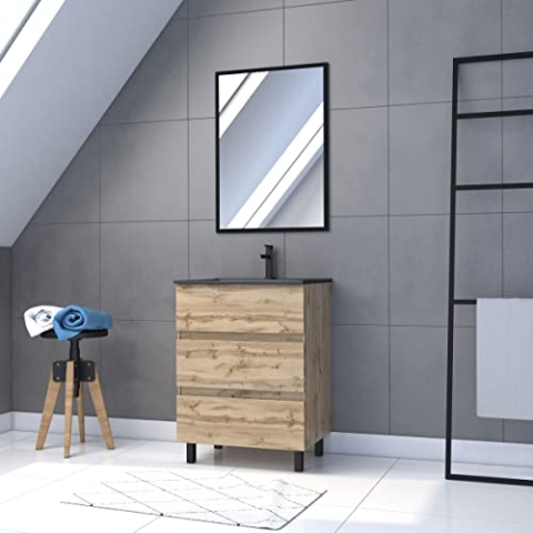 Badezimmer-Set mit Schublade/Waschbecken, Keramik/Spiegel, Schwarz, 60 cm × 80 cm, Eiche Natur