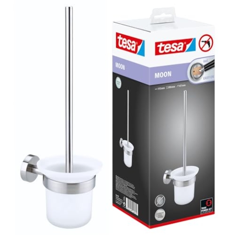 tesa Moon WC-Garnitur, satiniertes Glas und verchromter Edelstahl - Toilettenbürsten-Set zur Wandbefestigung ohne Bohren, inkl. Klebelösung - 115mm x 390mm x 147mm