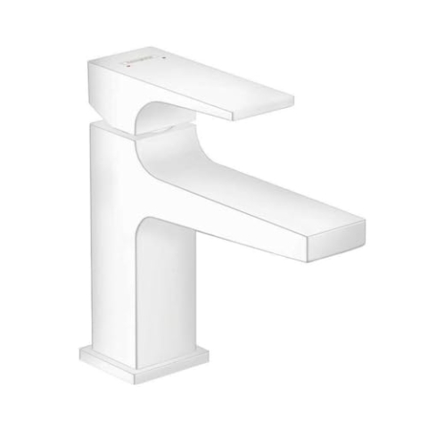 hansgrohe Wasserhahn Metropol, wassersparende Armatur mit langem Auslauf 127mm und Höhe 100mm mit Push-Open Ablaufgarnitur, Mattweiß