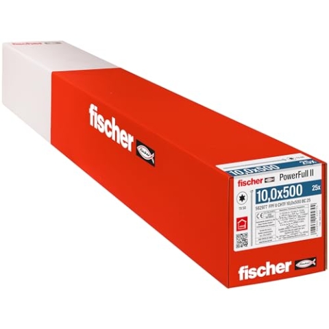 fischer PowerFull II 10,0 x 500, Premium Vollgewindeschraube (25 Stk.) mit innovativer Spitzengeometrie, Stahlschraube für tragende Holzkonstruktionen mit Zylinderkopf, vermindert Spaltrisiko