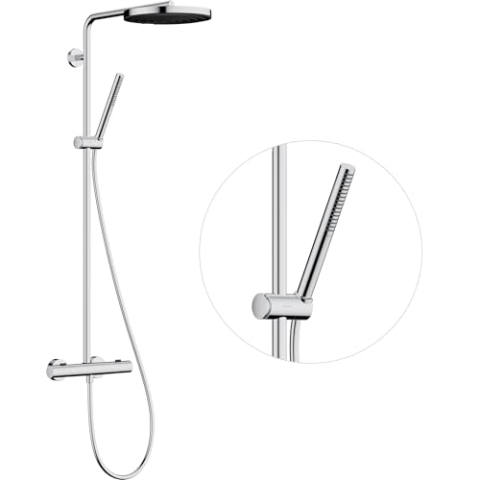 hansgrohe Pulsify S Puro - wassersparendes Duschsystem (EcoSmart) mit Thermostat, Regendusche (260mm) mit Armatur, Handbrause, Schlauch, Stange und runder Kopfbrause, Chrom, 24223000