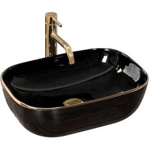 Rea Aufsatzwaschbecken Belinda Black Gold, Waschtisch Handwaschbecken Waschschale Waschbecken für Badezimmer aus hochwertiger Keramik, 465 x 330 x 135 mm (Schwarz/Gold)