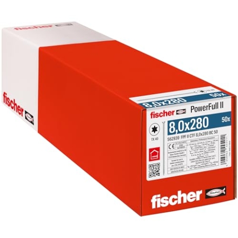 fischer PowerFull II 8,0 x 280, Premium Vollgewindeschraube (50 Stk.) mit innovativer Spitzengeometrie, Stahlschraube für tragende Holzkonstruktionen mit Senkkopf, vermindert Spaltrisiko